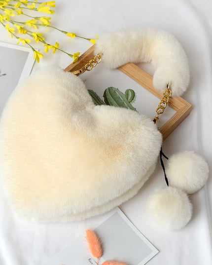 Peach Heart Faux Fur Handbag