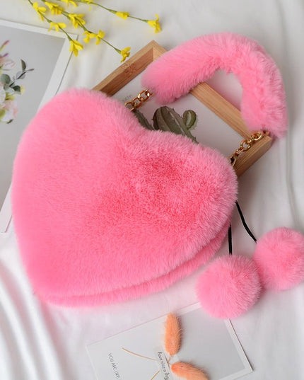 Peach Heart Faux Fur Handbag