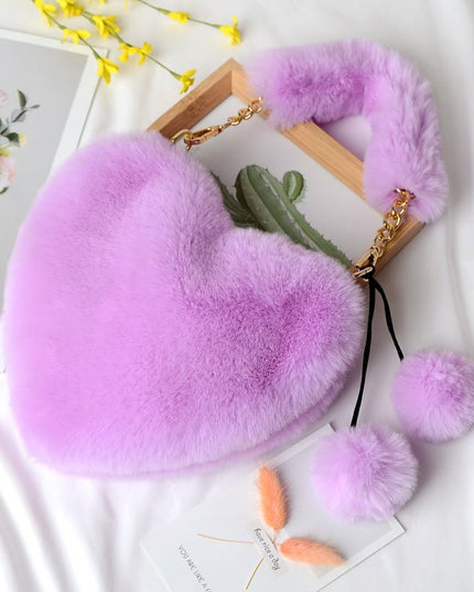 Peach Heart Faux Fur Handbag