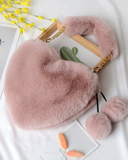 Peach Heart Faux Fur Handbag