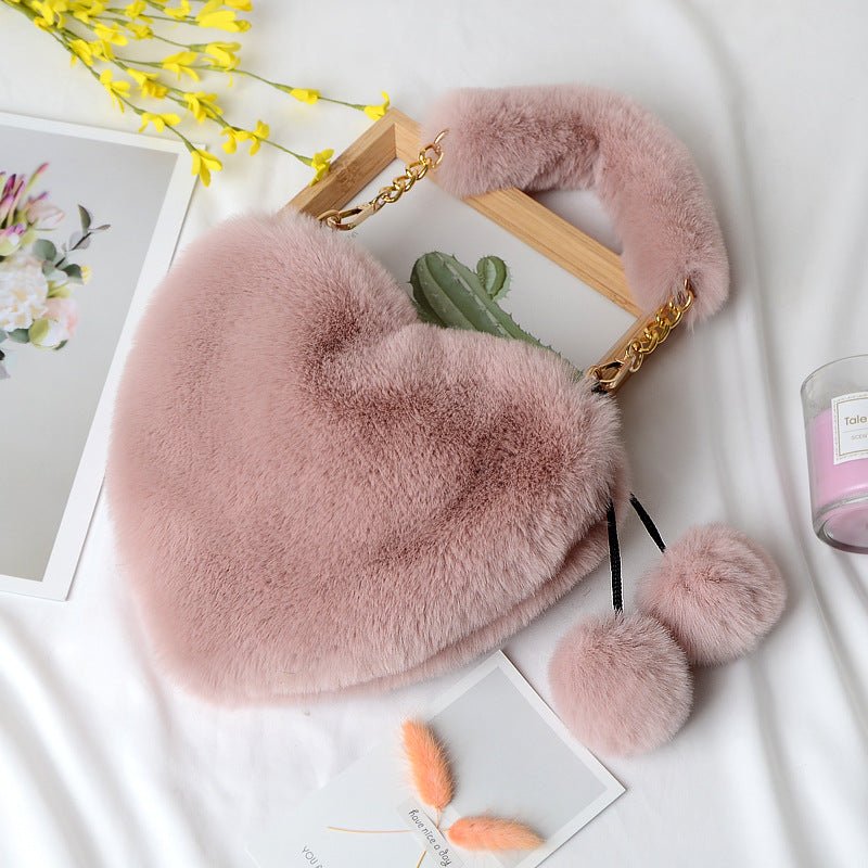 Peach Heart Faux Fur Handbag