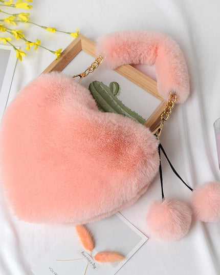 Peach Heart Faux Fur Handbag